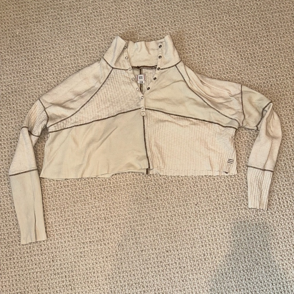 BDG Beige Cropped Half Button-Up Sweater